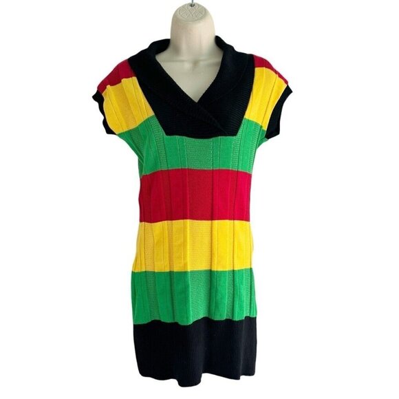 Vtg 90s Y2K Woman’s Sz M Red Yellow Green Color Block Sweater Dress Bob Marley - Picture 1 of 7
